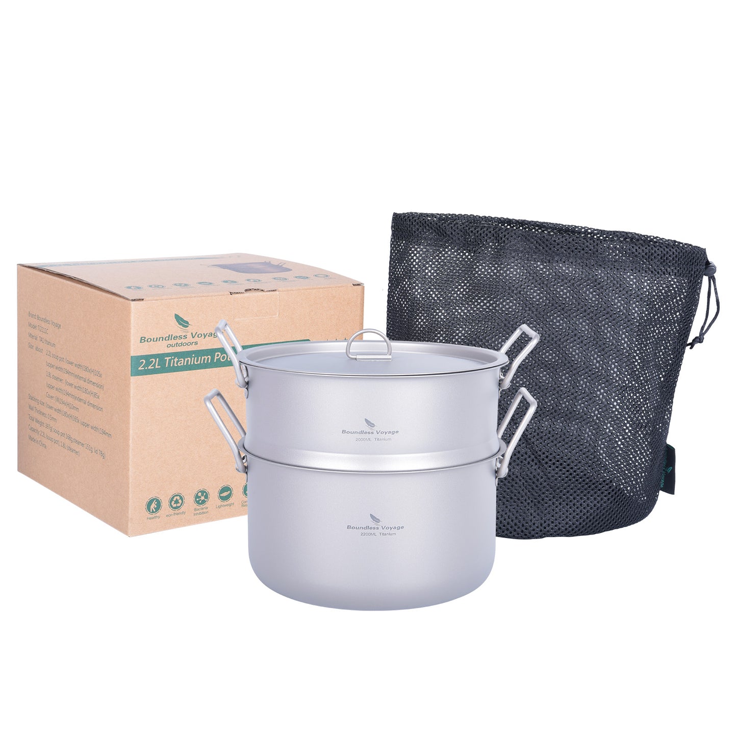 Boundless Voyage Titanium Pot with Steamer 2.2L +1.8L – Ultralight Multifunctional Camping Cookware with Steamer & Lid, TA1 Titanium Outdoor Cooking Kit for Camping, Hiking & Travel