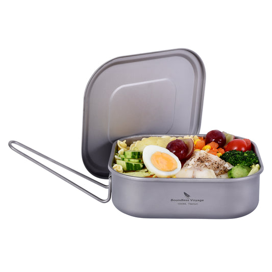 Boundless Voyage Outdoor Titanium Military Mess Tin with Lid & Folding Handle – 1000ml | Ultralight Camping Bushcraft Cookware, Lunch Box, Bowl & Pan