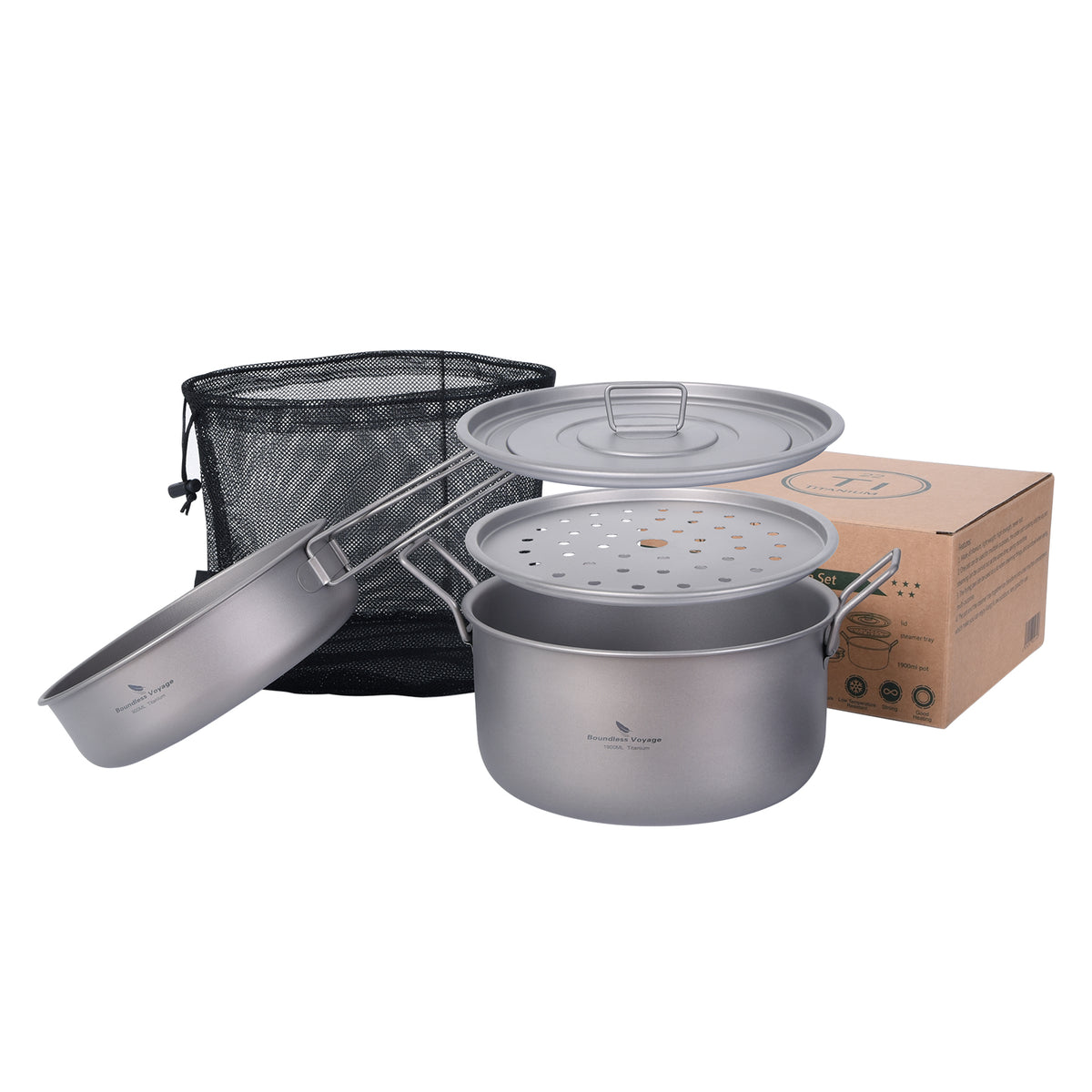 Boundless Voyage Multifunctional Titanium Steamer Soup Pot Frying Pan Set with Lid Outdoor Camping Wok Tea Tray Saucepan Mess Kit