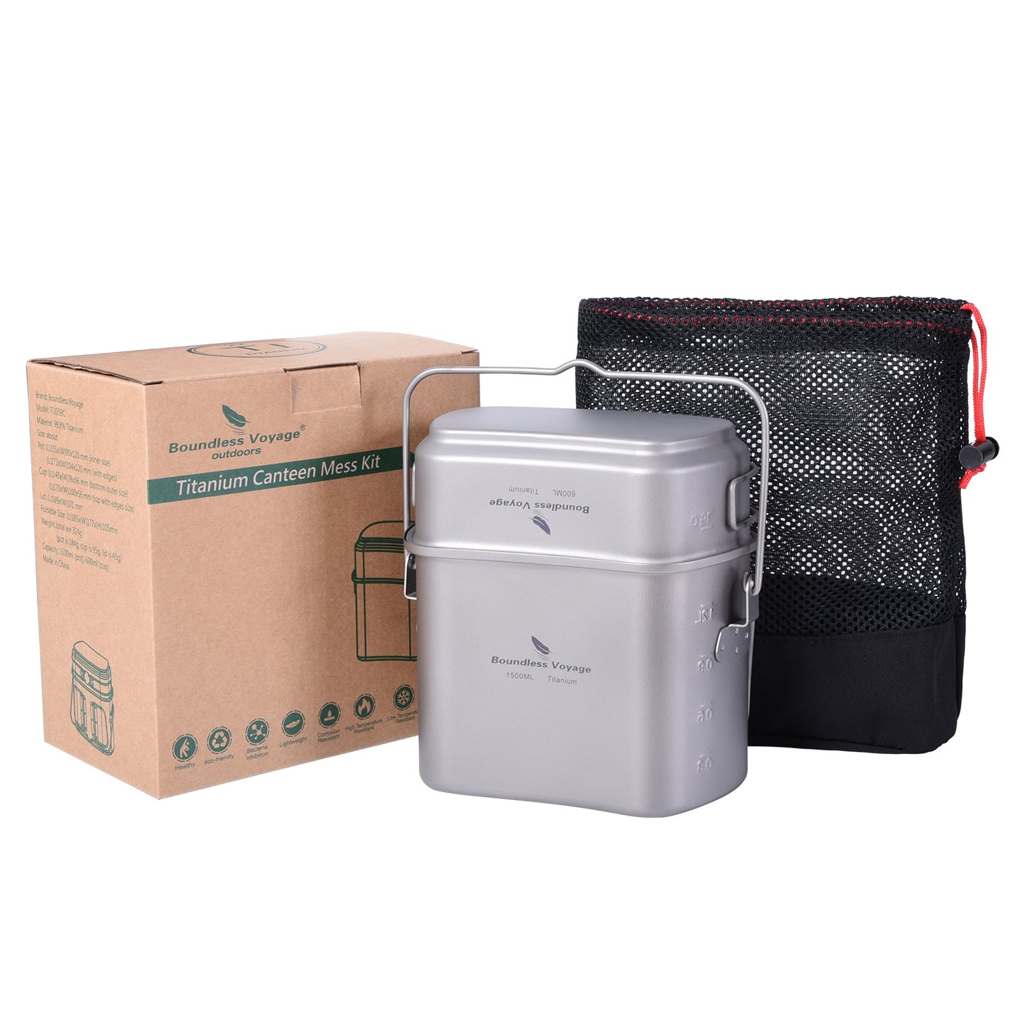 Boundless Voyage Titanium Hanging Pot & Cup Set – Ultralight Campfire Cooking Kit with Lid, TA1 Titanium Camping Cookware for Backpacking, Hiking & Outdoor Use