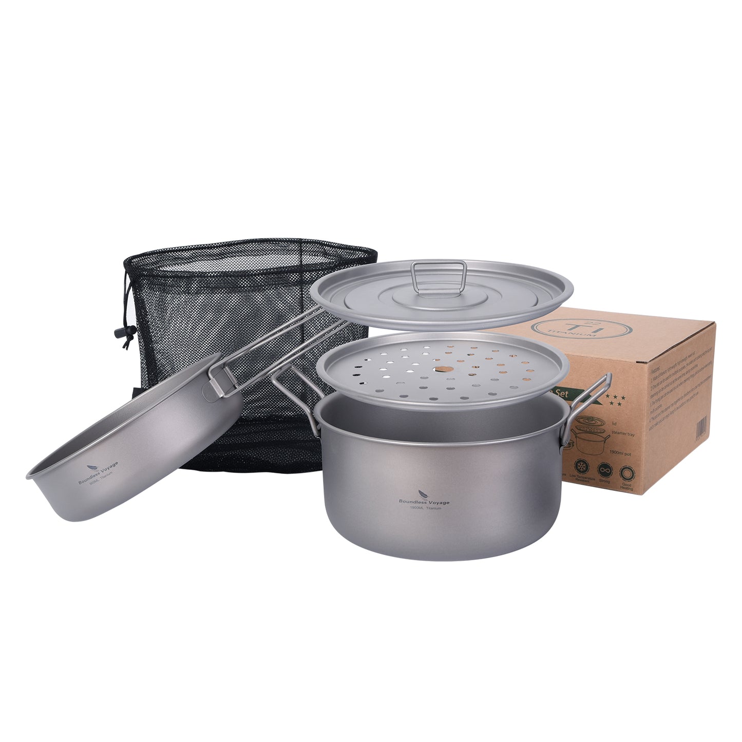 Boundless Voyage Titanium Camping Cookware Set 1900ml+900ml with Steamer – Multifunctional Pot, Frying Pan & Lid Kit, Ultralight Outdoor Cooking System for Hiking & Backpacking