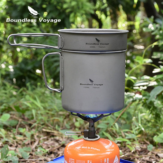 Boundless Voyage Titanium Pot & Pan Set with Folding Handles – Ultralight Camping Cookware Mess Kit for Hiking, Picnic & Outdoor Tableware