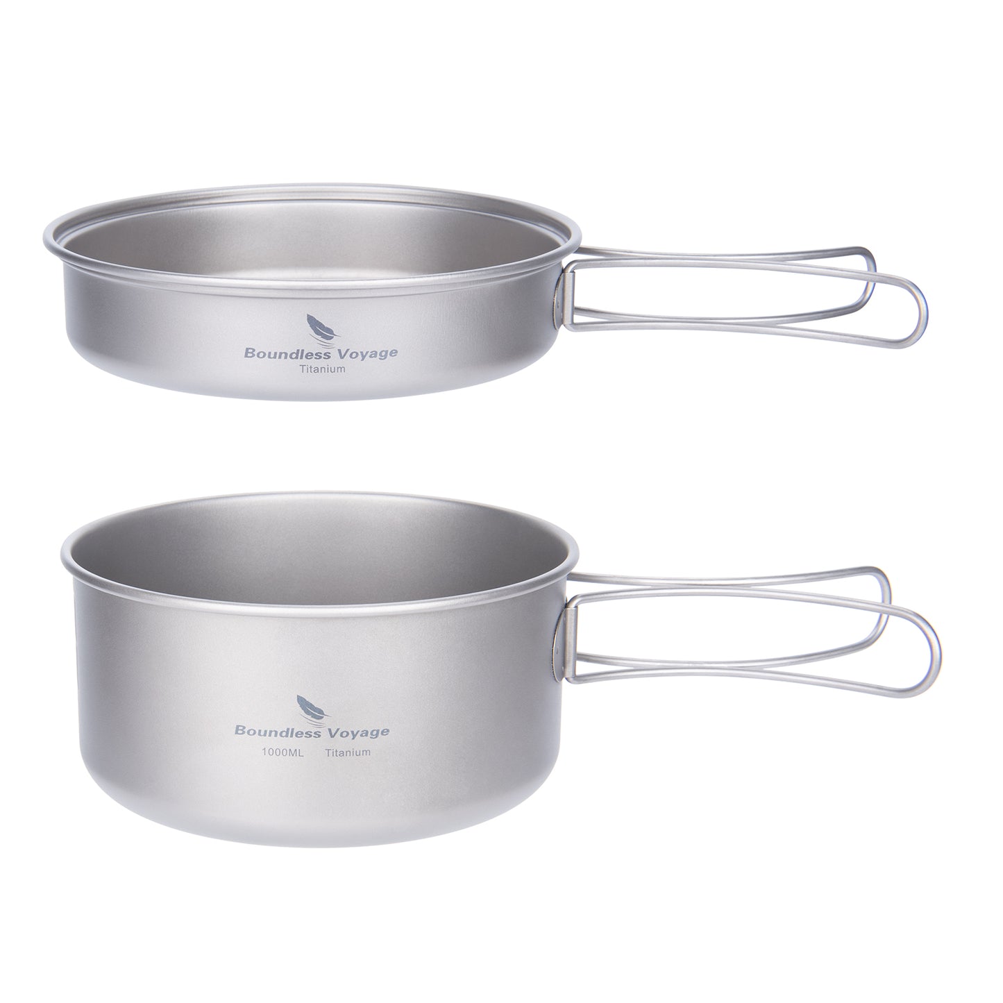 Boundless Voyage TA1 Titanium Pot & Pan Set 500ml + 1000ml with Lid – Ultralight Camping Cookware with Folding Handles for Hiking, Picnic & Outdoor Cooking