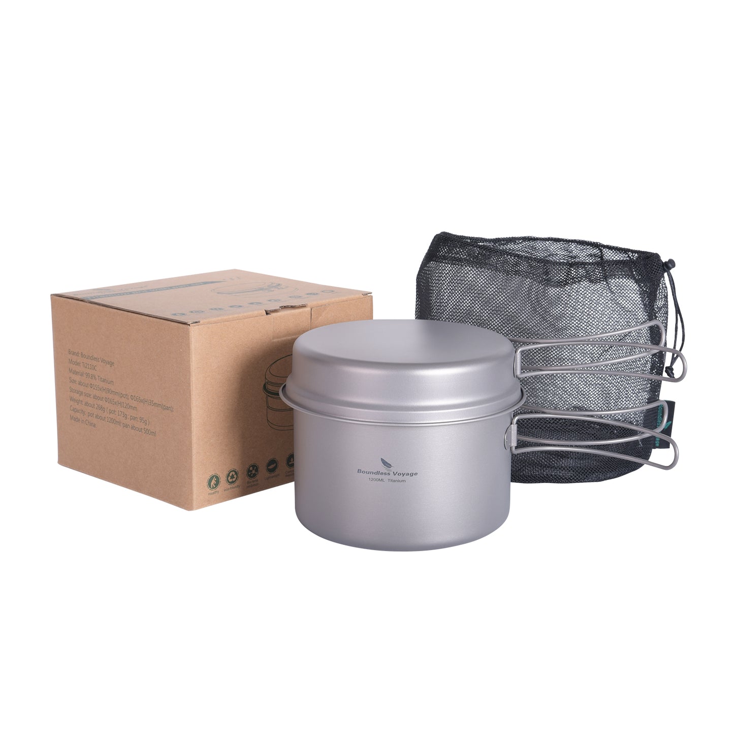 Boundless Voyage Titanium Pot & Frying Pan Set 1200ml – Ultralight Camping Cookware, Nesting TA1 Titanium Cooking Set for Backpacking, Hiking & Outdoor Cooking