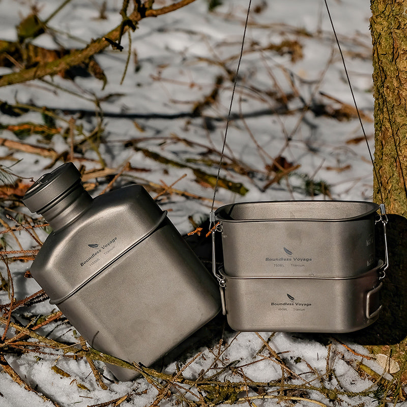 Boundless Voyage Titanium Military Canteen Set – Ultralight Outdoor Camping Mess Kit with Cups, Bowl & Kettle Water Bottle