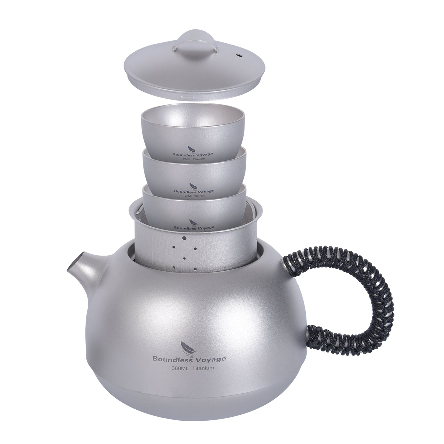 Boundless Voyage Titanium Kung Fu Tea Set | 380ml Kettle & 3PCS 25ml Cups | Anti-Scald Ultralight Tea Maker for Camping, Hiking & Travel