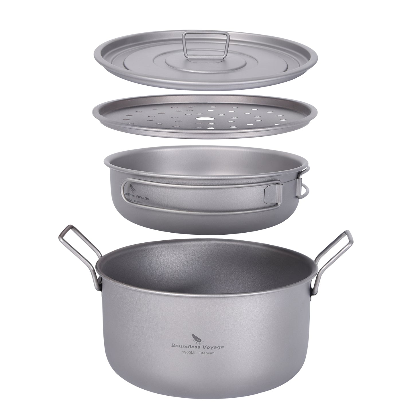 Boundless Voyage Titanium Camping Cookware Set 1900ml+900ml with Steamer – Multifunctional Pot, Frying Pan & Lid Kit, Ultralight Outdoor Cooking System for Hiking & Backpacking