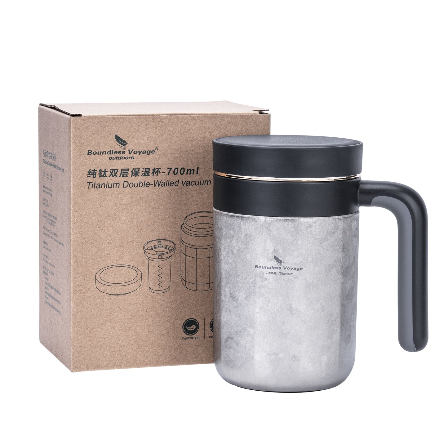 Boundless Voyage Titanium 700ml Double-Walled Insulated Cup with Lid & Filter | Portable Travel Coffee Mug for Hot & Cold Drinks