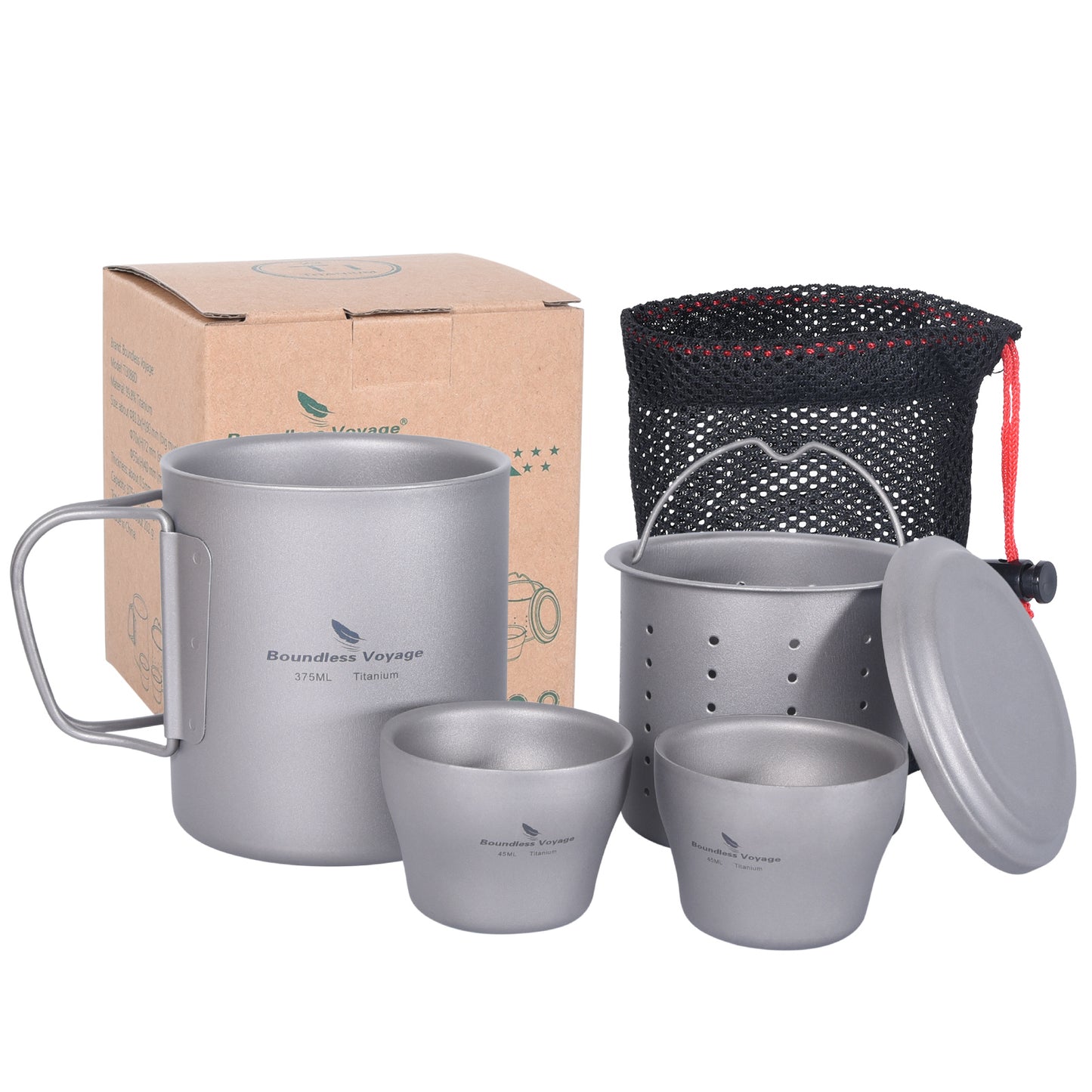 Boundless Voyage Titanium Double-walled Tea Mug with Strainer Shot Glass Outdoor Camping Portable Coffee Cup Set