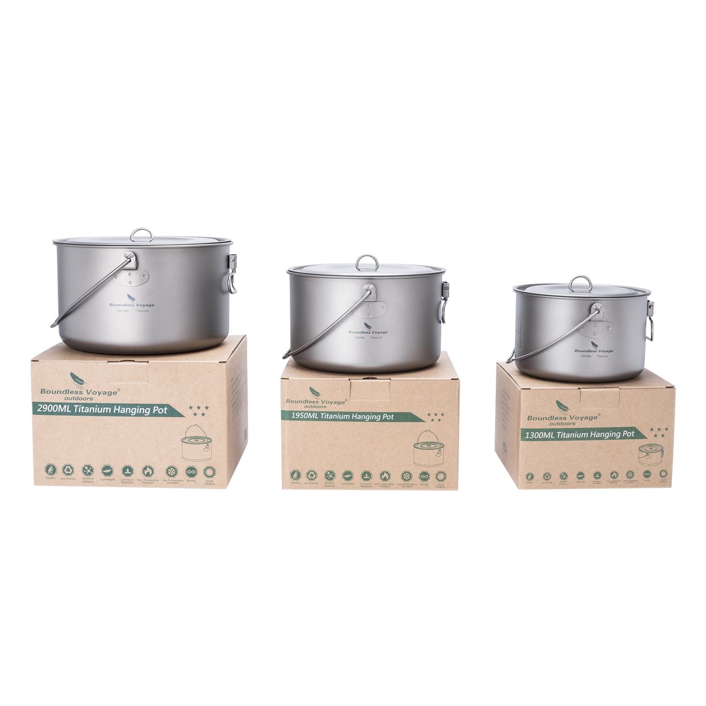 Boundless Voyage Titanium Cookware Set 3-Piece (1300ml/1950ml/2900ml) – Large Capacity Camping Pots, Ultralight TA1 Titanium Cooking Set for Outdoor, Backpacking & Group Cooking