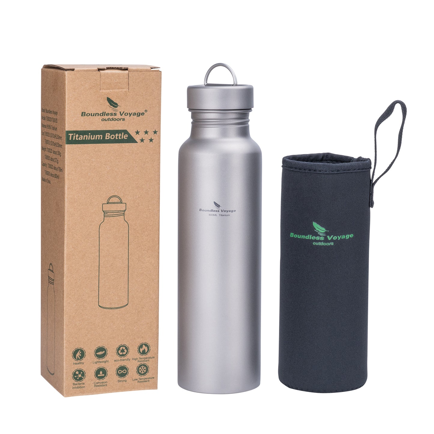 Boundless Voyage 800ml Pure Titanium Water Bottle with Titanium Lid | 27oz Ultralight Plastic-Free Sports Flask | Leakproof & Non-Toxic Metal Canteen for Cycling, Hiking & EDC