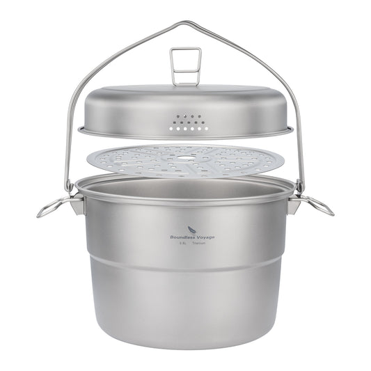 Boundless Voyage 3.8L Titanium Hanging Pot with Steamer Rack – Ultralight Campfire Cooking Stockpot Set, Large Capacity Outdoor Cookware for Camping, Hiking & Group Cooking