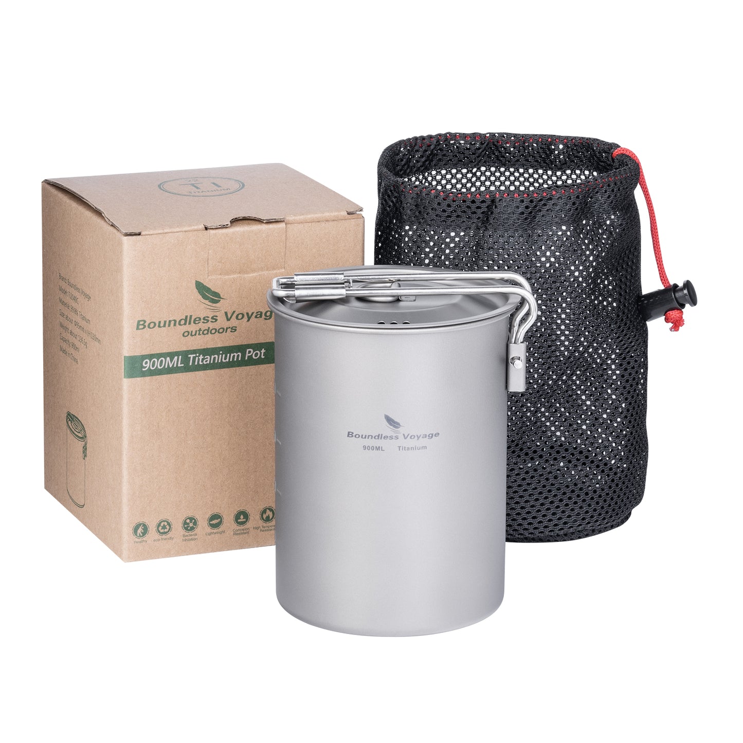 Boundless Voyage TA1 Titanium Outdoor Pot with Lid – Ultralight Folding Handle Camping, Hiking & Picnic Cookware