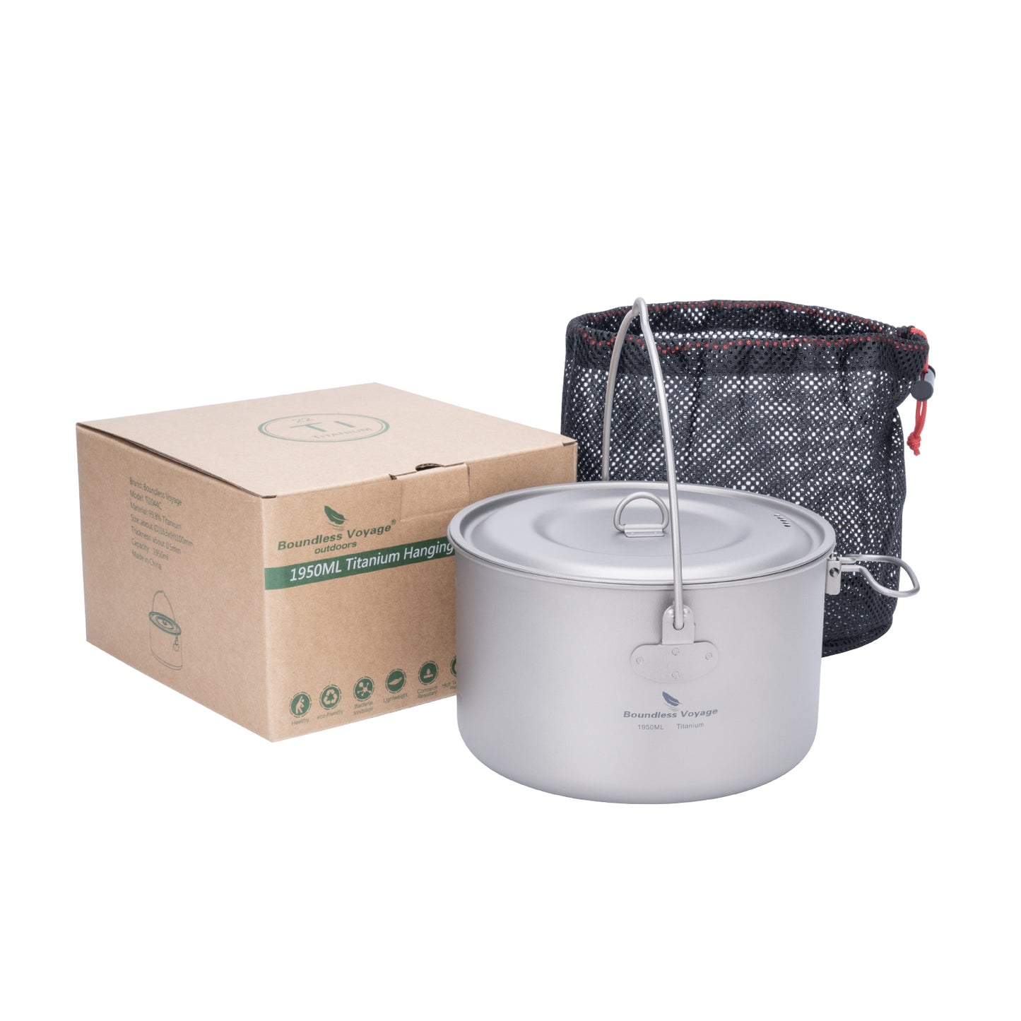 Boundless Voyage 1950ml TA1 Titanium Hanging Pot – Ultralight Campfire Cooking Pot for Camping, Backpacking & Outdoor Bushcraft