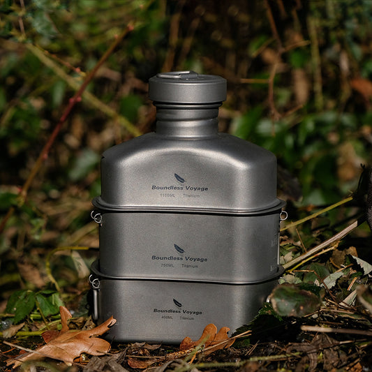 Boundless Voyage Titanium Military Canteen Set – Ultralight Outdoor Camping Mess Kit with Cups, Bowl & Kettle Water Bottle