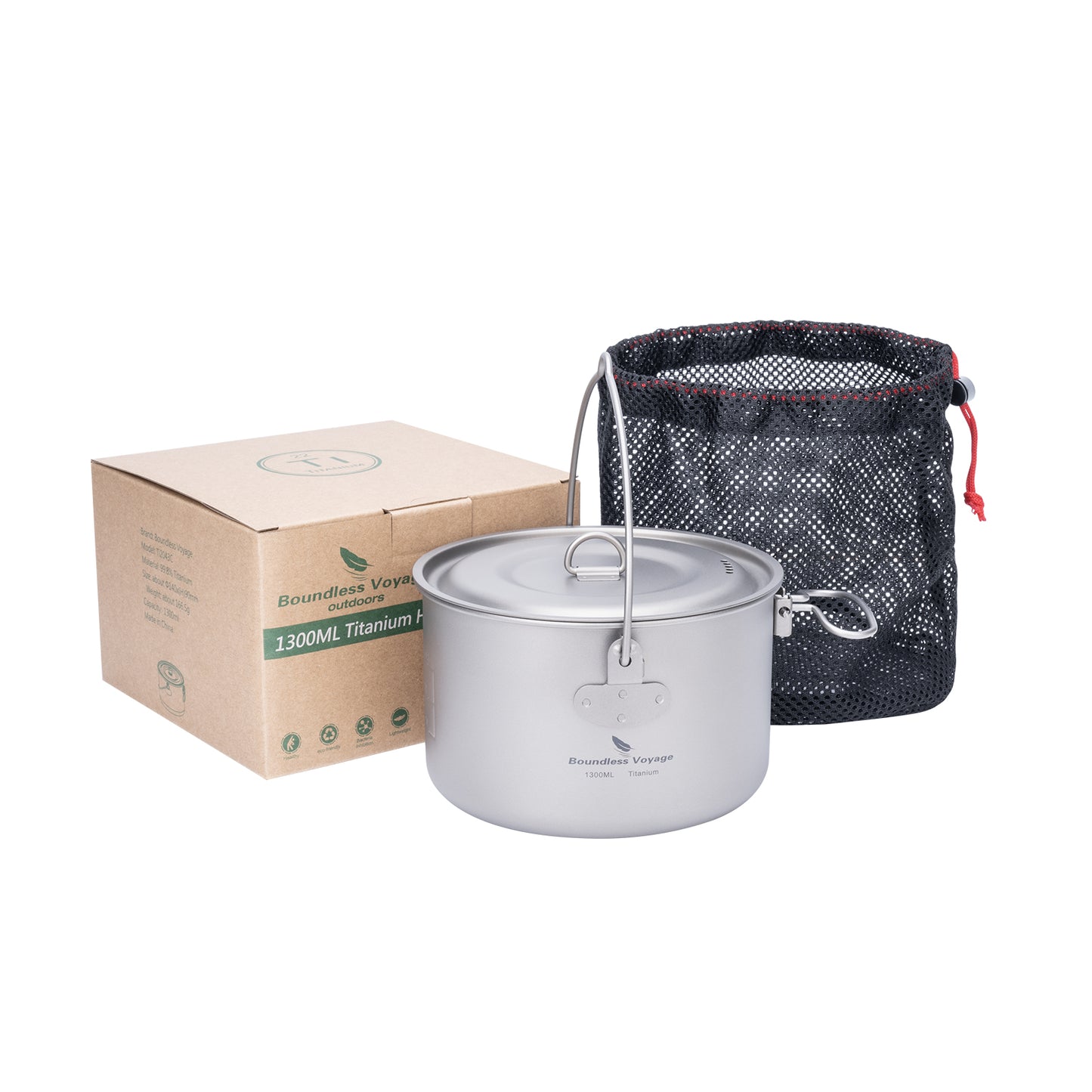 Boundless Voyage 1300ml TA1 Titanium Camping Pot with Lid – Ultralight Folding-Handle Cookware for Hiking, Picnic & Outdoor Soup Cooking