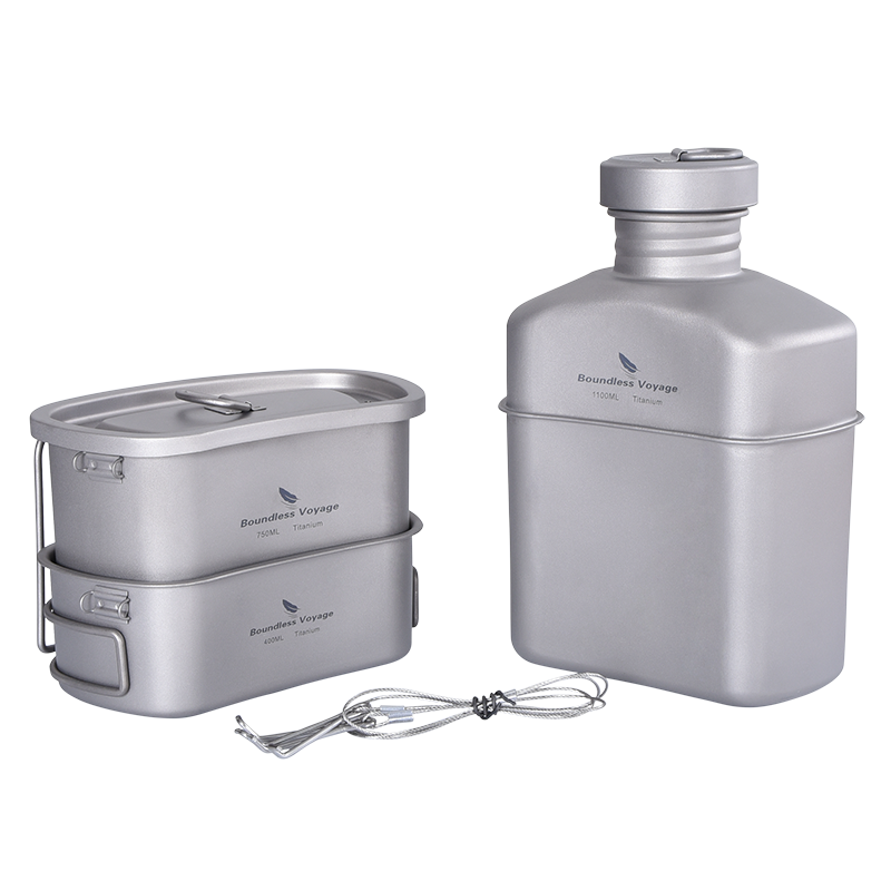 Boundless Voyage Titanium Military Canteen Set – Ultralight Outdoor Camping Mess Kit with Cups, Bowl & Kettle Water Bottle