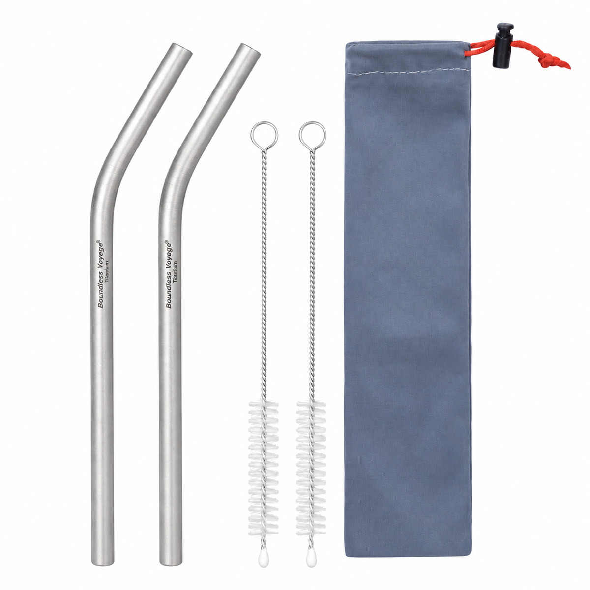 Boundless Voyage 213mm Titanium Bent Straw – TA1 Pure Titanium Reusable Drinking Straw with Cleaning Brush & Carry Bag