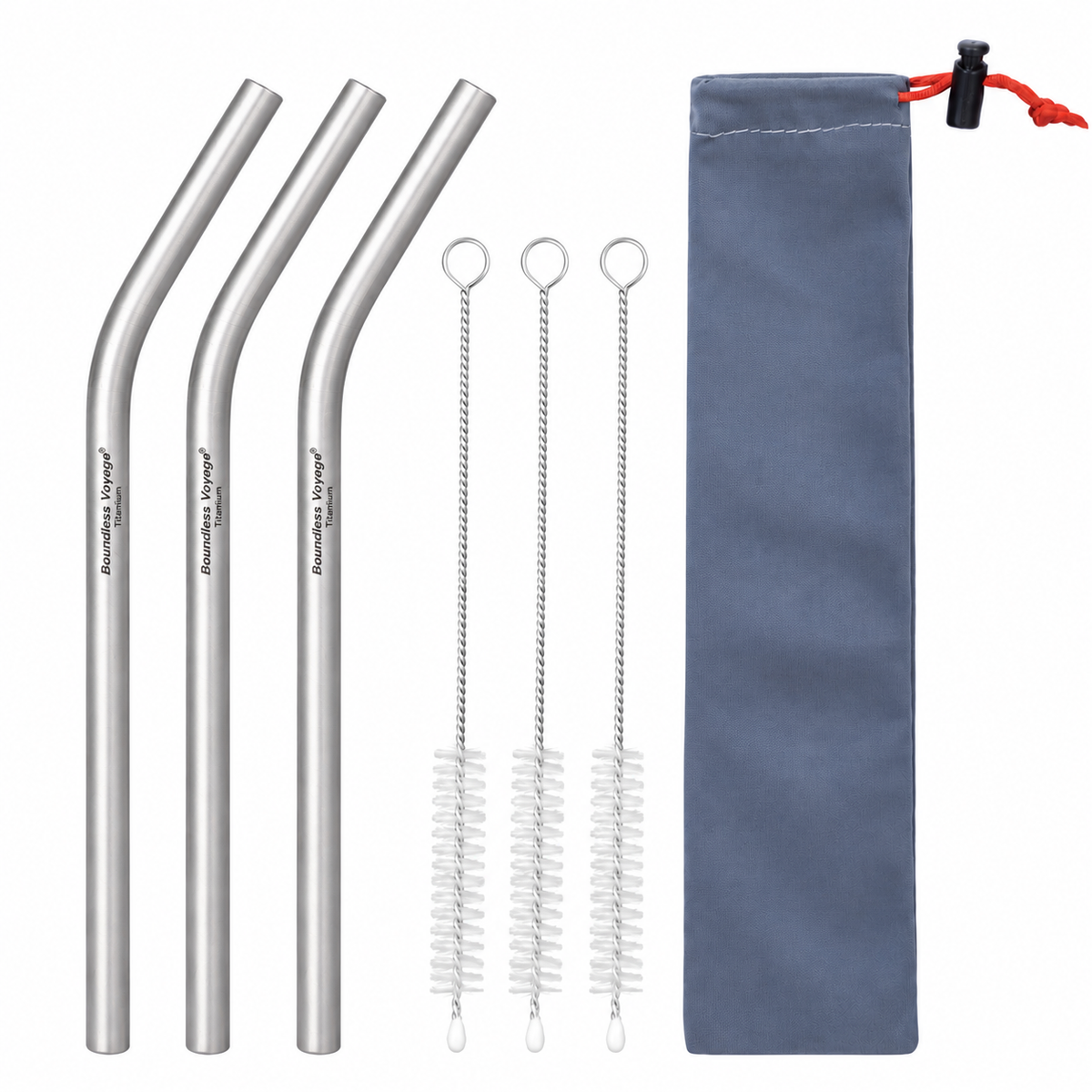 Boundless Voyage 213mm Titanium Bent Straw – TA1 Pure Titanium Reusable Drinking Straw with Cleaning Brush & Carry Bag