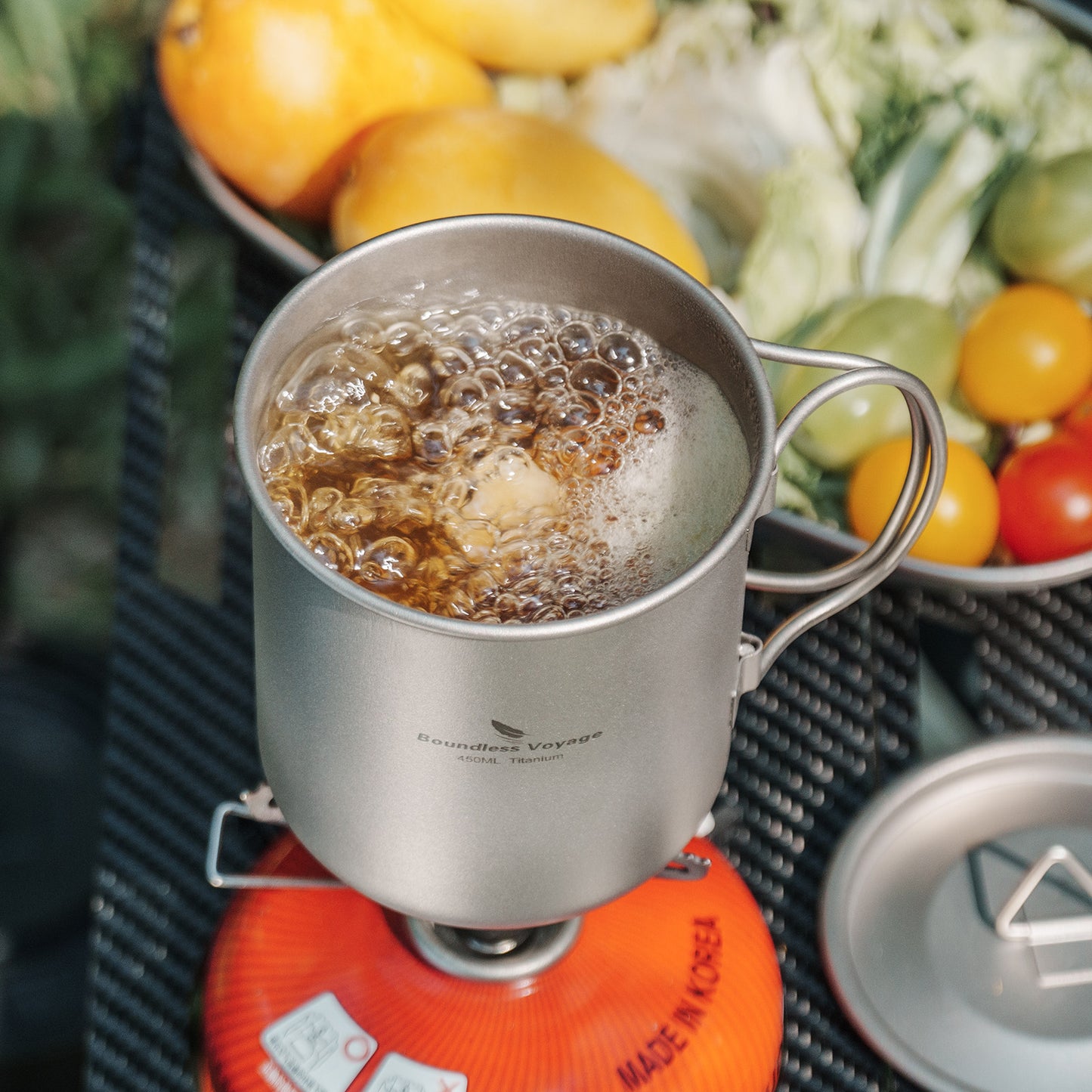 Boundless Voyage 420ml TA1 Titanium Camping Mug – Ultralight Foldable-Handle Cup for Water, Coffee & Tea Outdoors