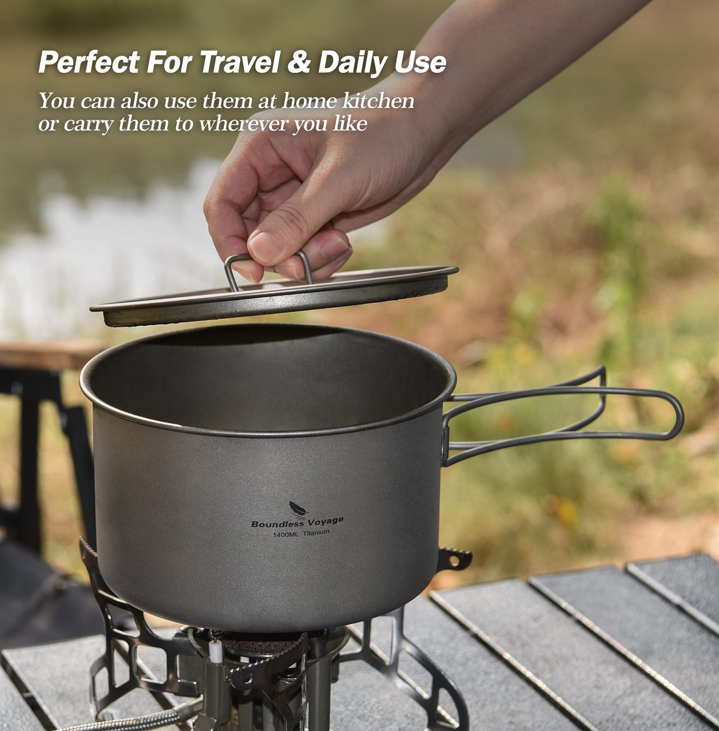 Boundless Voyage Lightweight 1400ml Titanium Pot Outdoor Portable Cooking Set hiking Backpacking Pot for Hiking Trekking Picnic Fishing Mountaineering