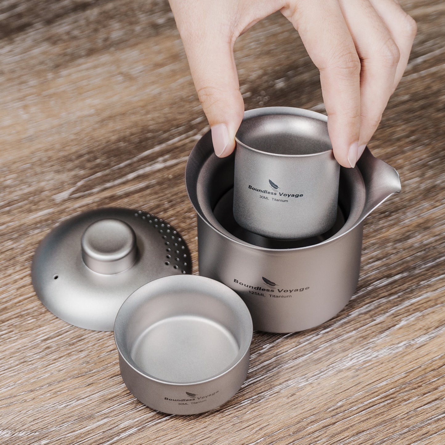 Boundless Voyage Titanium Double-Layer Tea Maker Set – Ultralight Camping Tea Pot + 3 Mini Cups (30ml) for Outdoor Brewing & Travel Tea Ceremony