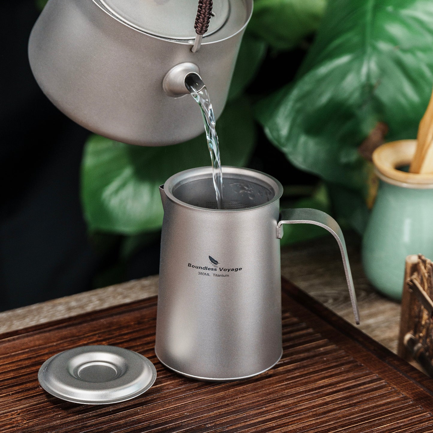 Boundless Voyage 380ml Titanium Teapot Set | 136g Ultralight Kettle with 40ml Double-Wall Cups | Anti-Scald Travel Tea Set for Camping & Hiking