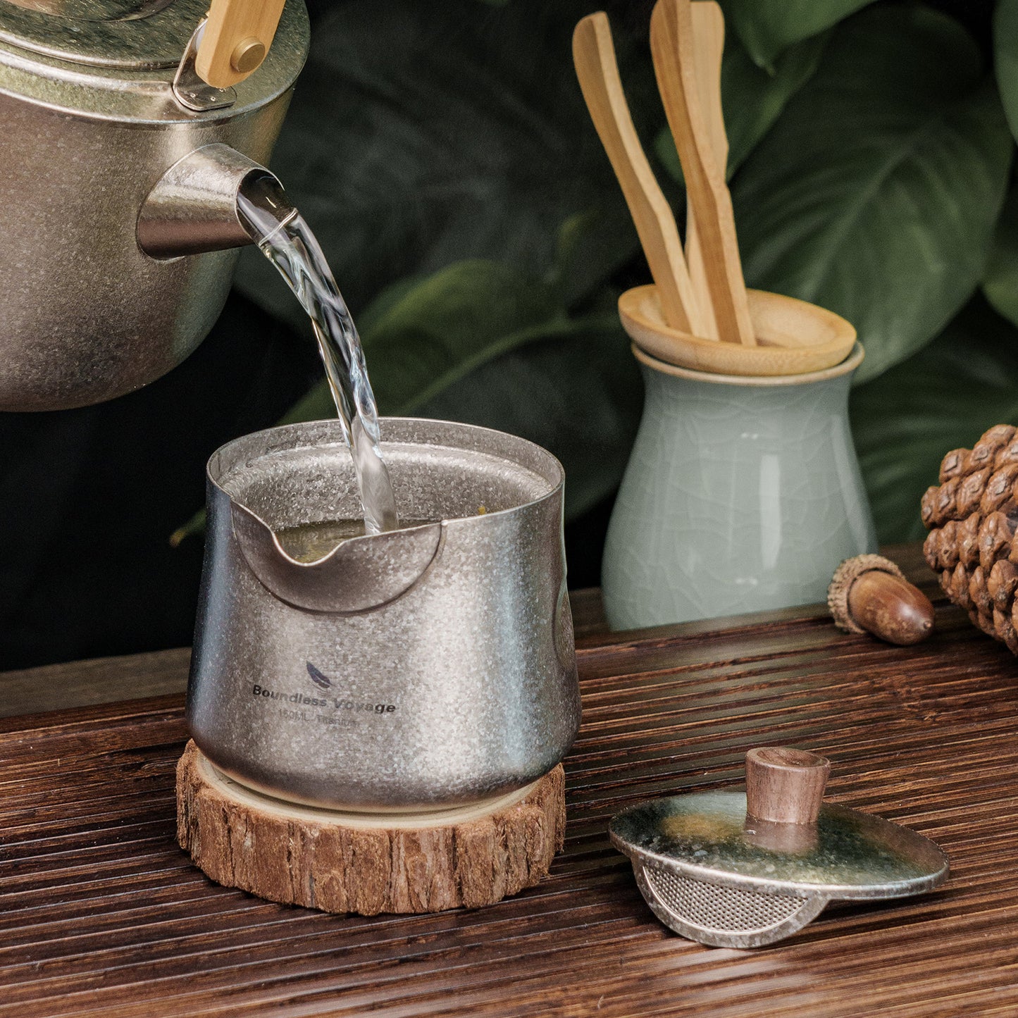 Boundless Voyage 150ml Titanium Double-Layer Tea Maker | 90g Ultralight Mini Teapot with Wood Handle | Anti-Scald Insulated Tea Mug for Solo Camping