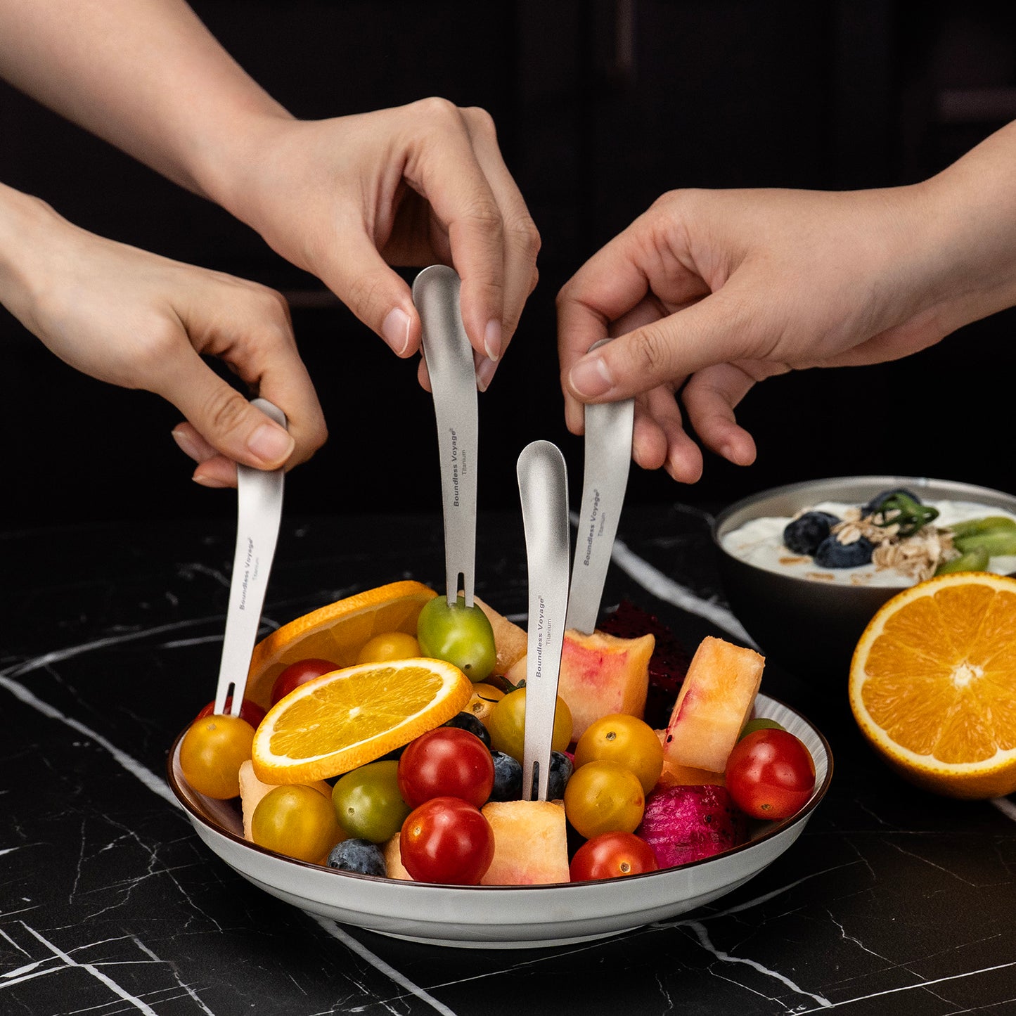 Boundless Voyage Titanium Dual-Use Fork & Spoon Set – 5pcs Ultralight Camping Cutlery with Drawstring Bag for Fruits, Coffee, Ice Cream & Travel