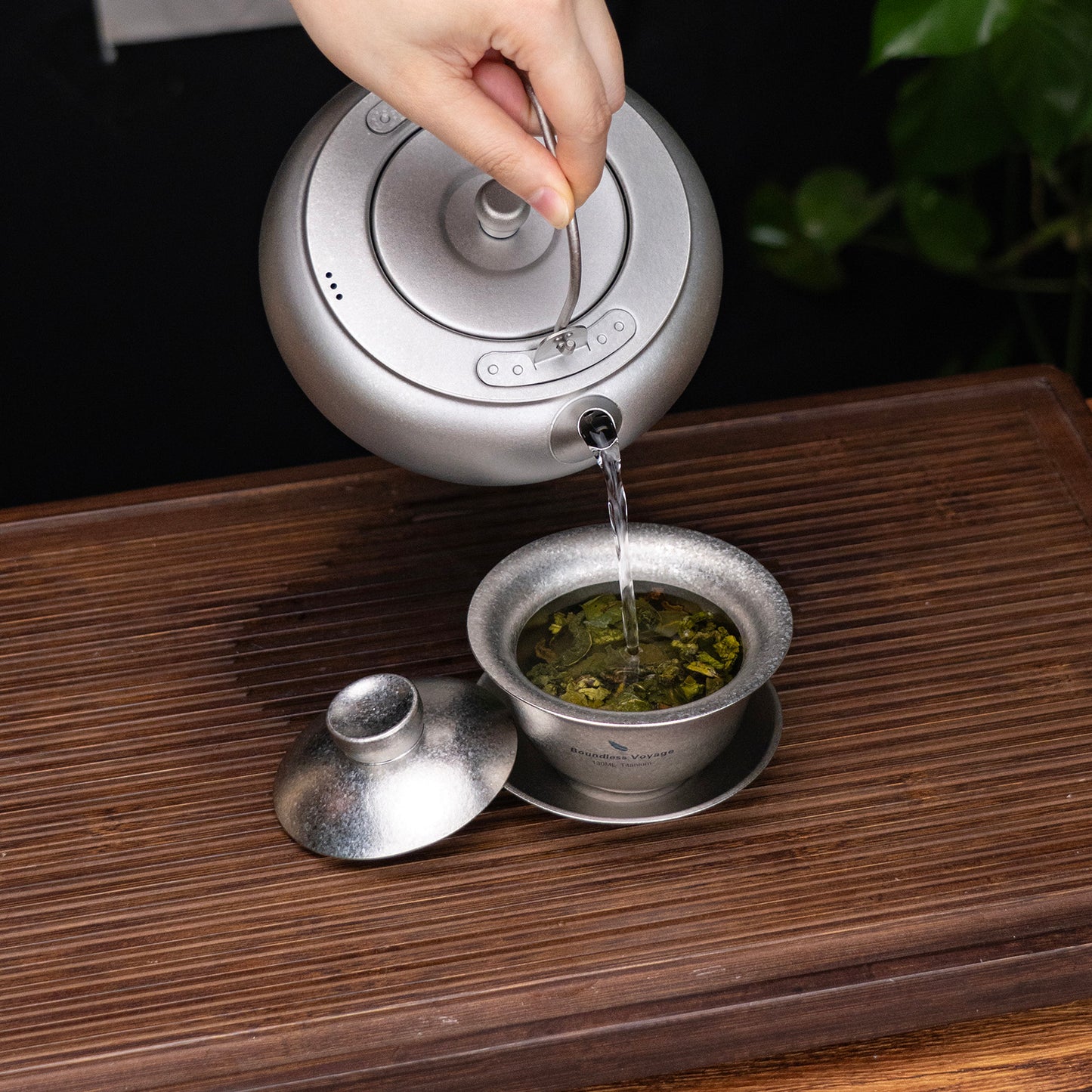 Boundless Voyage 130ml Crystallized Titanium Gaiwan Set | Ultralight 121g Chinese Kung Fu Tea Bowl | Double-Walled Anti-Scald Teacup with Lid & Saucer