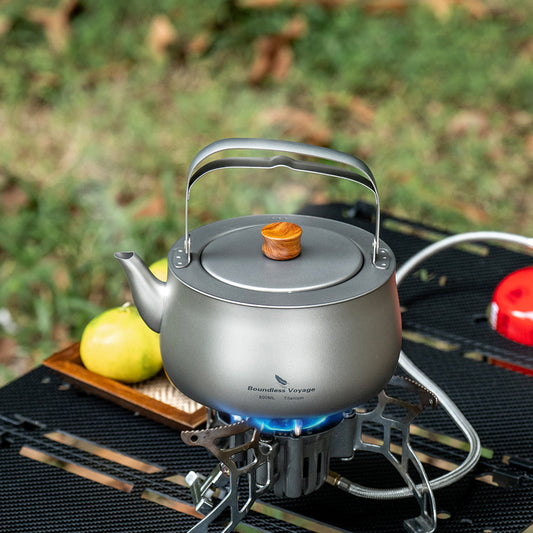 Boundless Voyage 800ml Titanium Camping Kettle – Ultralight Water Boiler with Folding Handle & Wooden Knob for Backpacking, Hiking & Outdoor Cooking
