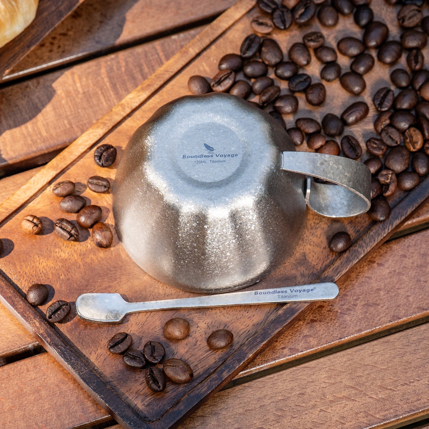 Boundless Voyage 120ml Titanium Double-Wall Espresso Cup with Coffee Spoon – Ultralight, Heat-Insulated Coffee Cup with Fixed Handle for Home Barista, Office, Travel & Camping