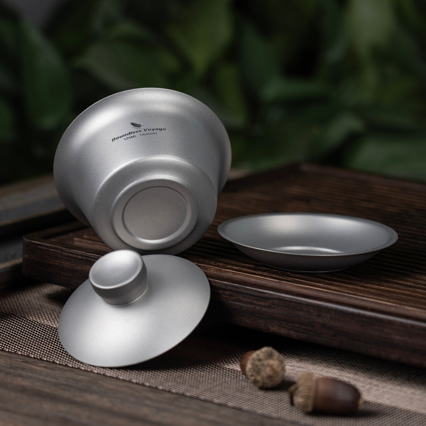 Boundless Voyage Titanium Tea Cup with Lid Traditional Chinese Kung Fu Gaiwan Double-Walled Anti-Scalding Tea Bowl Lightweight Portable Tea Set With 25ml  Cup 3PCS