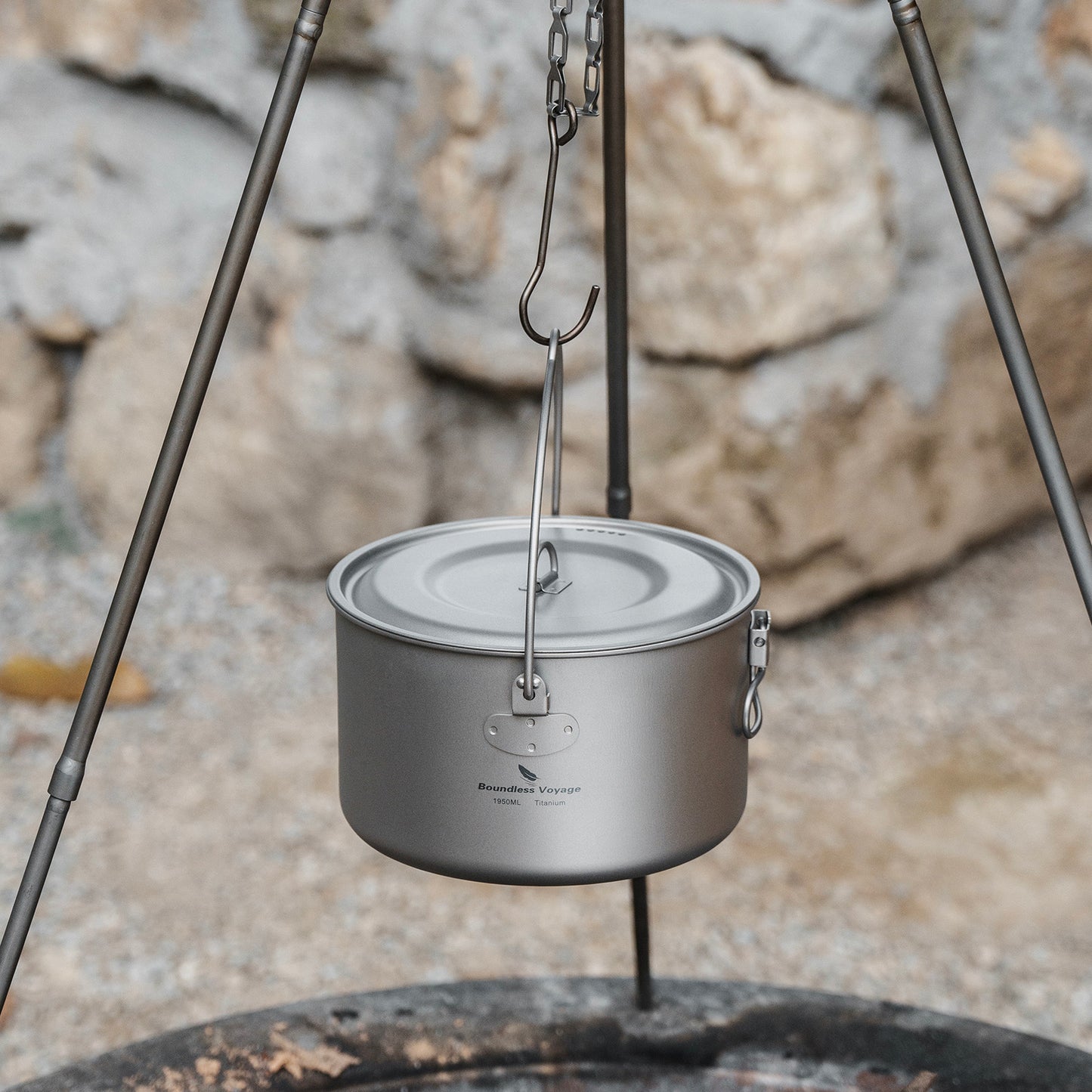 Boundless Voyage 1950ml TA1 Titanium Hanging Pot – Ultralight Campfire Cooking Pot for Camping, Backpacking & Outdoor Bushcraft