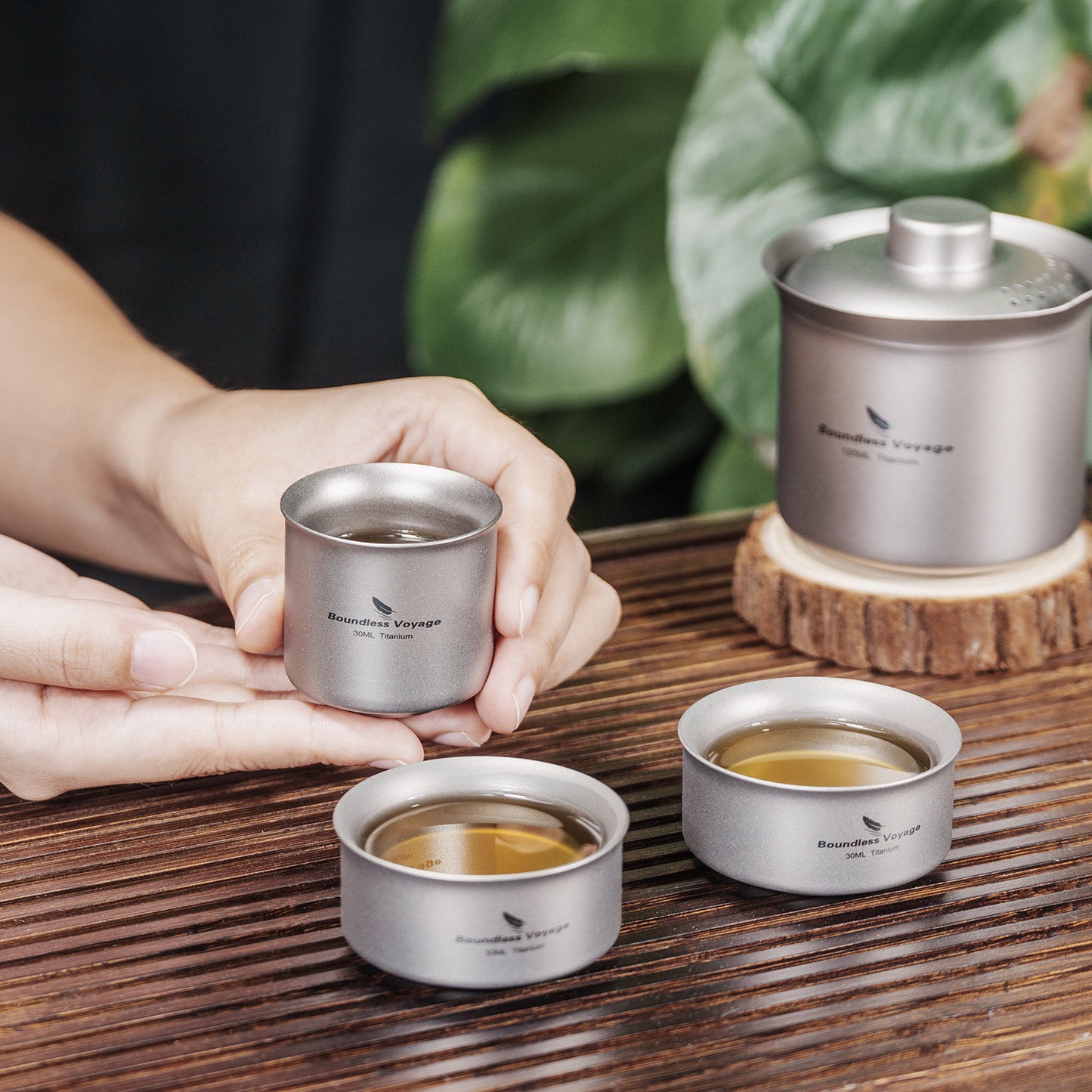 Boundless Voyage Titanium Double-Layer Tea Maker Set – Ultralight Camping Tea Pot + 3 Mini Cups (30ml) for Outdoor Brewing & Travel Tea Ceremony