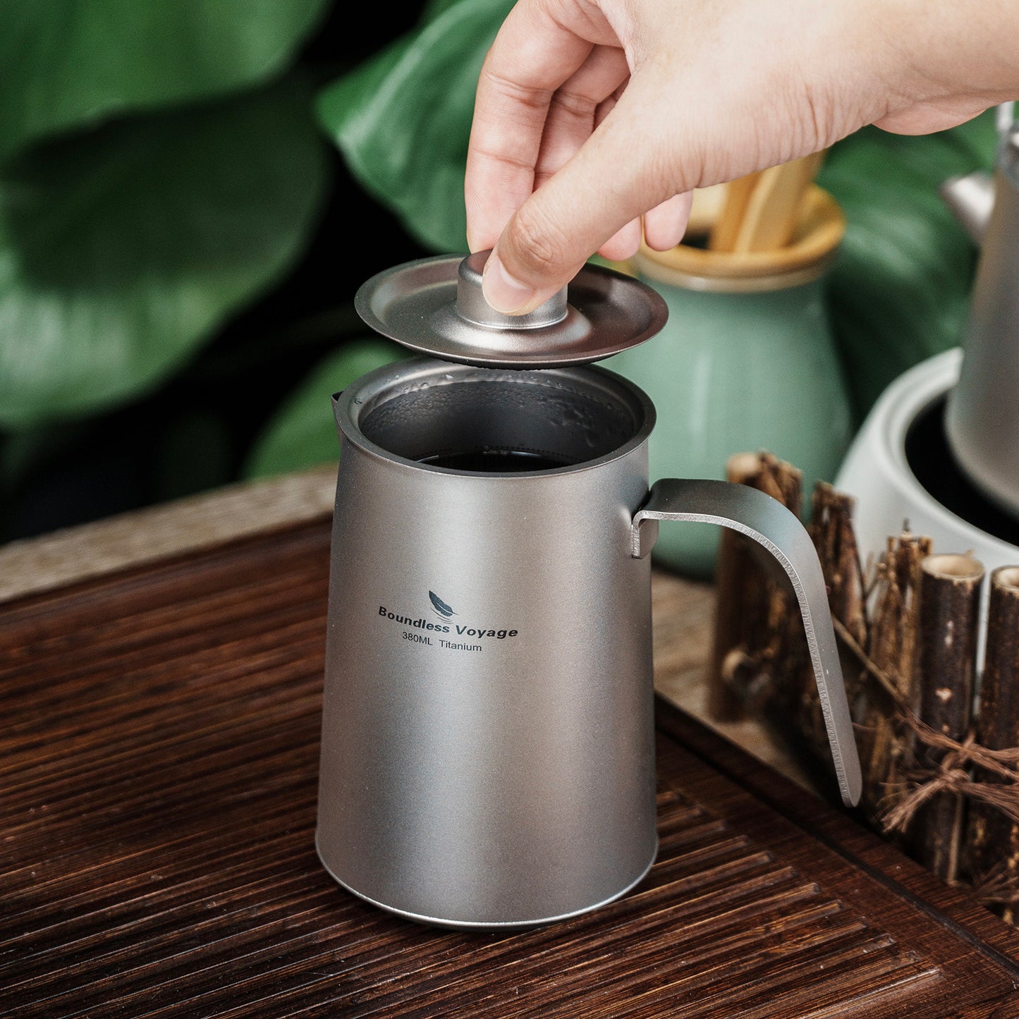 Boundless Voyage 380ml Titanium Teapot Set | 136g Ultralight Kettle with 40ml Double-Wall Cups | Anti-Scald Travel Tea Set for Camping & Hiking