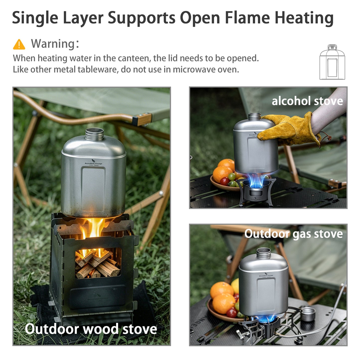 Boundless Voyage 1100ml TA1 Titanium Water Bottle – Single Wall Open-Fire Canteen with Leakproof Lid & Carry Sleeve for Camping & Outdoor Survival