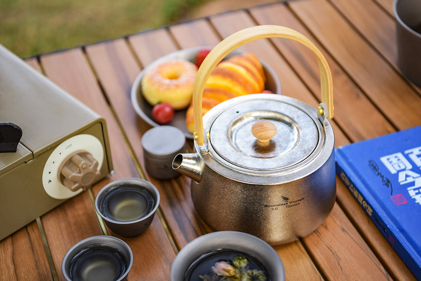 Boundless Voyage 800ml Crystallized Titanium Kettle | Ultralight Teapot with Anti-Scald Wooden Handle | Premium Tea & Coffee Pot for Camping