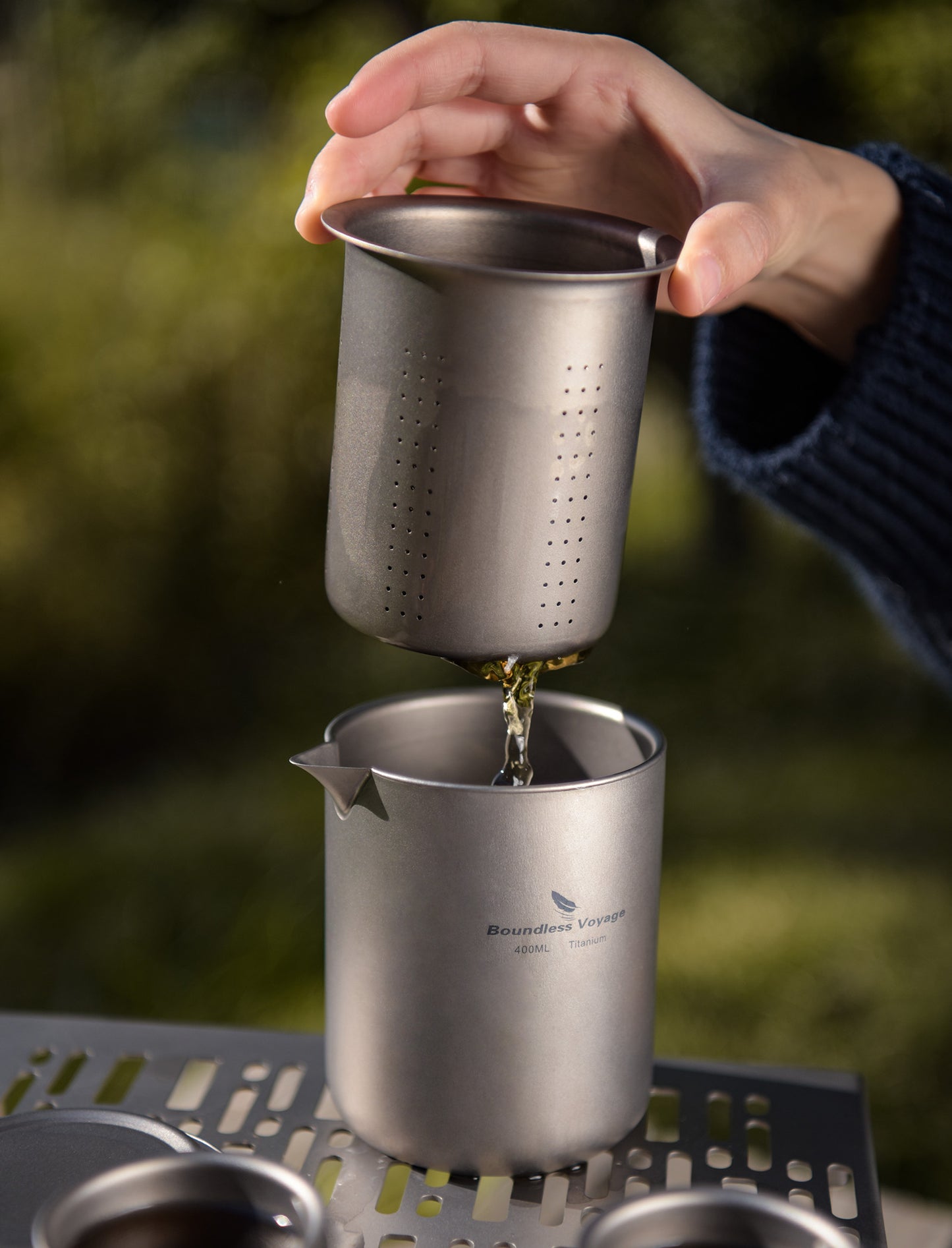 Boundless Voyage 400ml Titanium Double-Layer Tea Set | Insulated Teapot with 4pcs 40ml Anti-Scald Cups | Lightweight 168g Travel Tea Maker for Camping