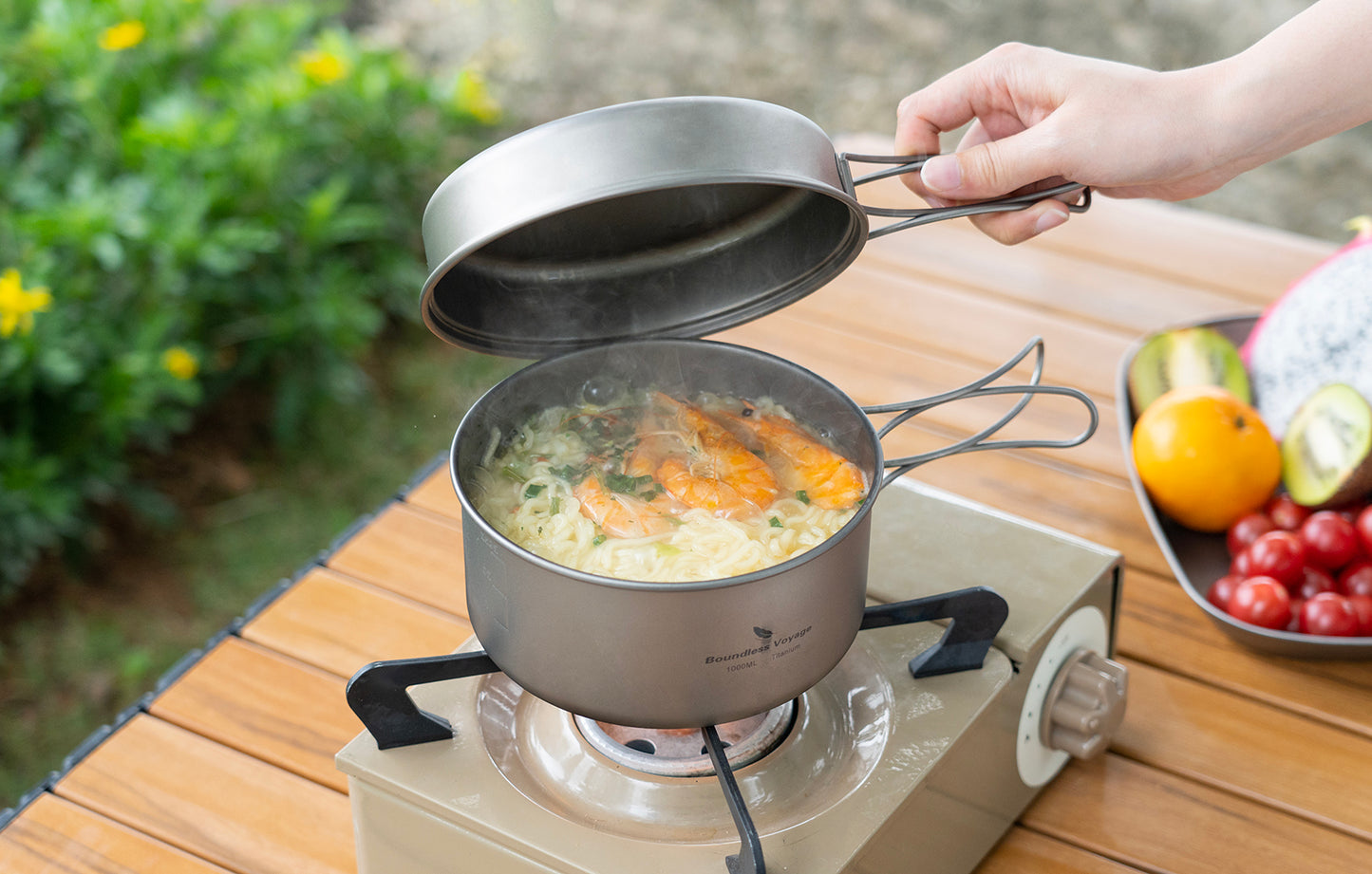 Boundless Voyage TA1 Titanium Pot & Pan Set 500ml + 1000ml with Lid – Ultralight Camping Cookware with Folding Handles for Hiking, Picnic & Outdoor Cooking