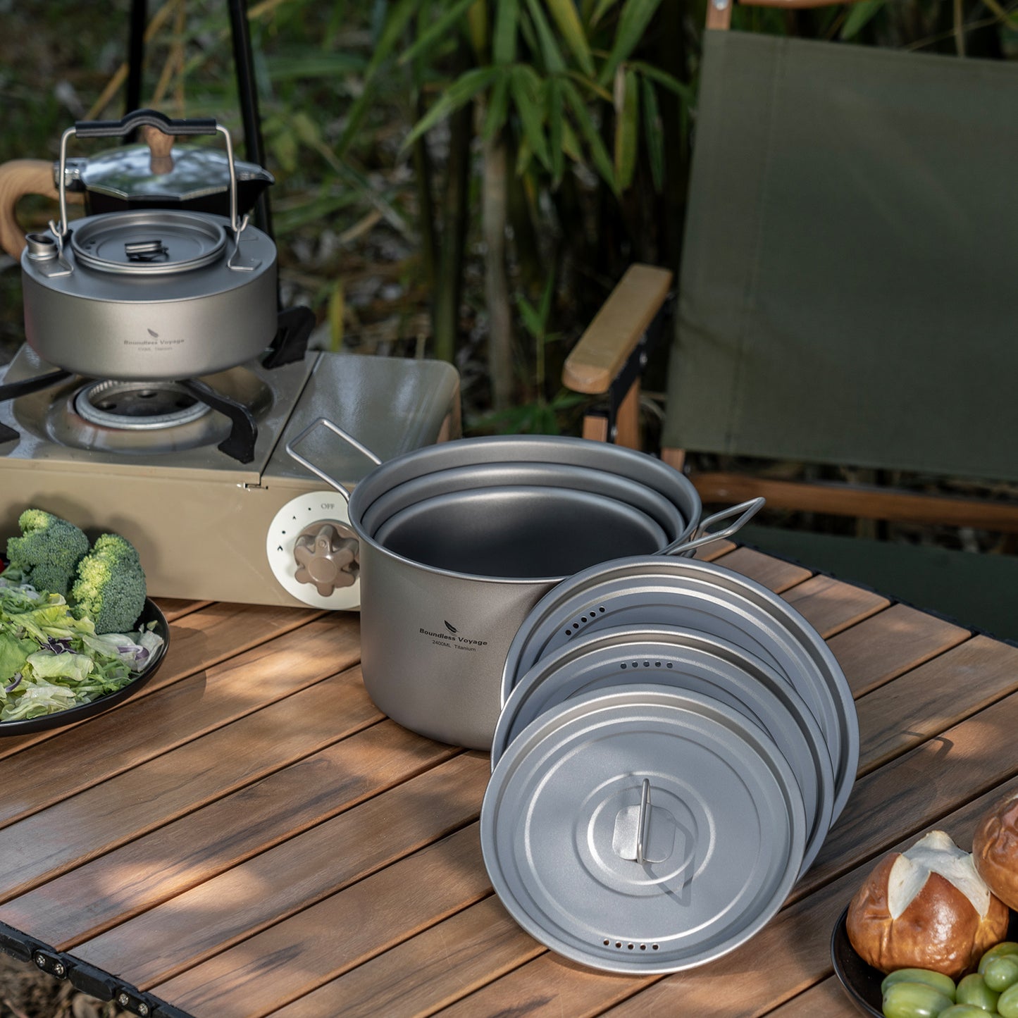 Boundless Voyage Titanium Cookware Set 3-Piece (1.2L/1.8L/2.4L) – Ultralight Camping Pots Set, Nesting Titanium Cooking Kit for Backpacking, Hiking & Outdoor Cooking