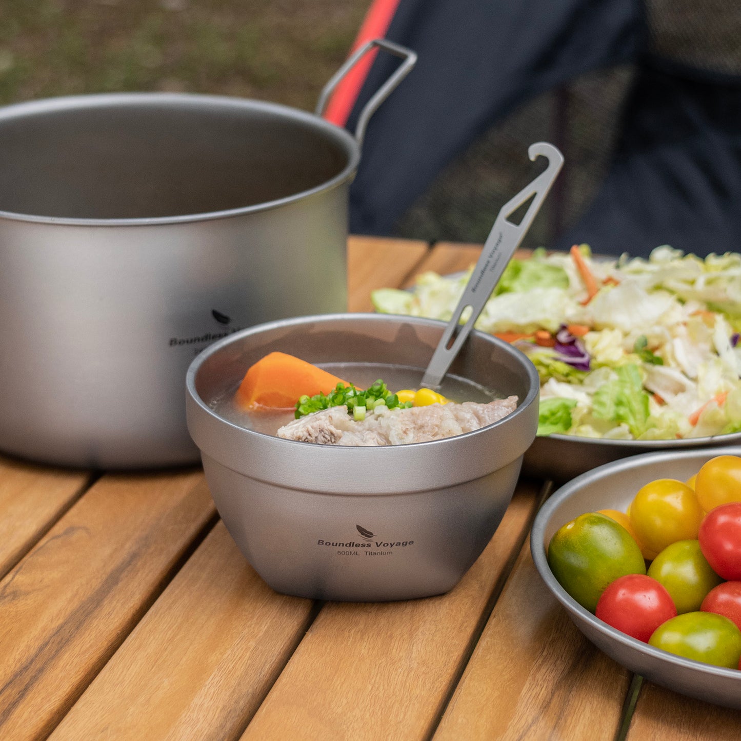 Boundless Voyage 500ml Double Walled Titanium Bowl Oatmeal Food Rice Soup Bowl Ultralight Portable Tableware Outdoor Camping Metal Bowl Lightweight