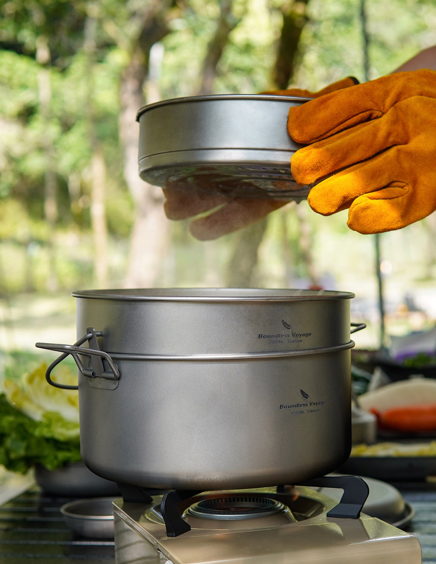 Boundless Voyage Titanium Steamer Soup Pot 4.5L +2L Outdoor Camping Cookware Lightweight Picnic Hiking Hanging Pot Portable Travel Household Kitchenware Cooking Kit Hot Pot For 3-5 Person