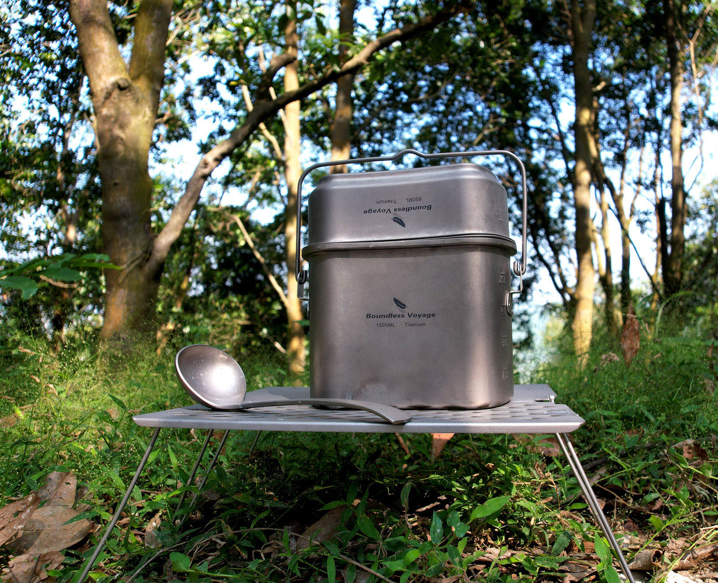 Boundless Voyage Titanium Hanging Pot & Cup Set – Ultralight Campfire Cooking Kit with Lid, TA1 Titanium Camping Cookware for Backpacking, Hiking & Outdoor Use