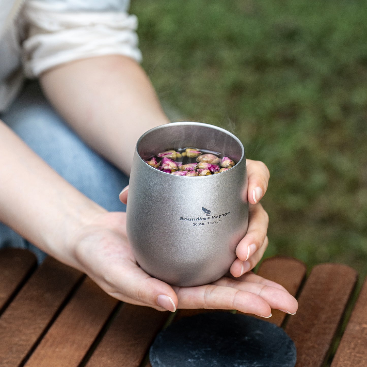 Boundless Voyage Titanium Double-Wall Cup – Ultralight TA1 Camping Coffee Mug for Travel, Hiking & Outdoor Use