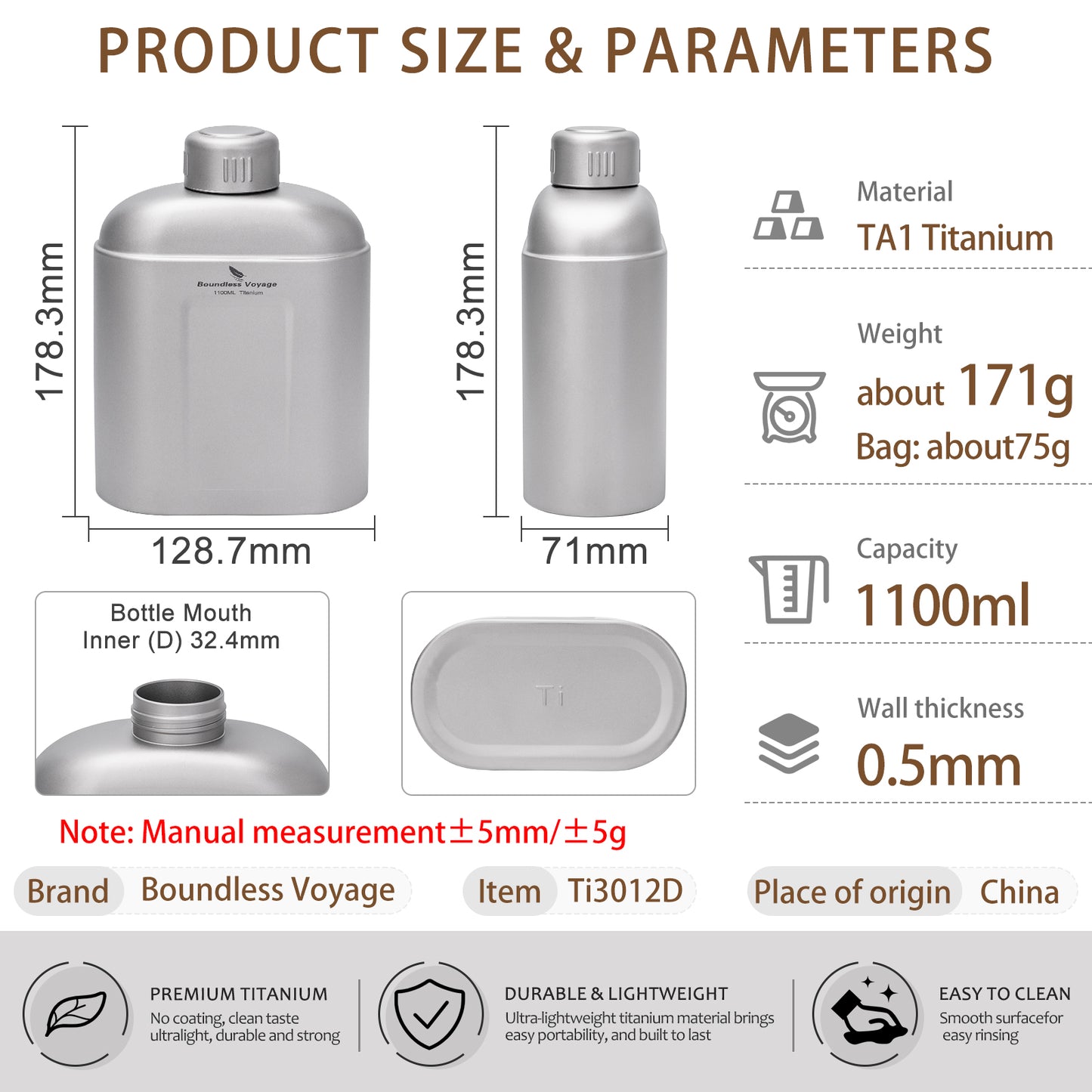 Boundless Voyage 1100ml TA1 Titanium Water Bottle – Single Wall Open-Fire Canteen with Leakproof Lid & Carry Sleeve for Camping & Outdoor Survival