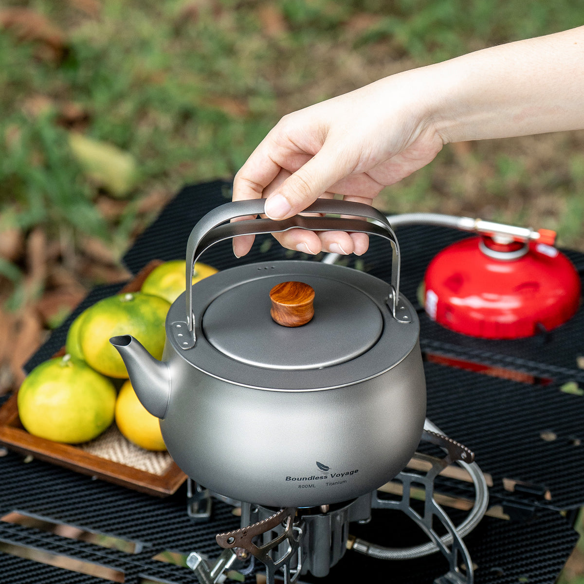 Boundless Voyage 800ml Titanium Camping Kettle – Ultralight Water Boiler with Folding Handle & Wooden Knob for Backpacking, Hiking & Outdoor Cooking