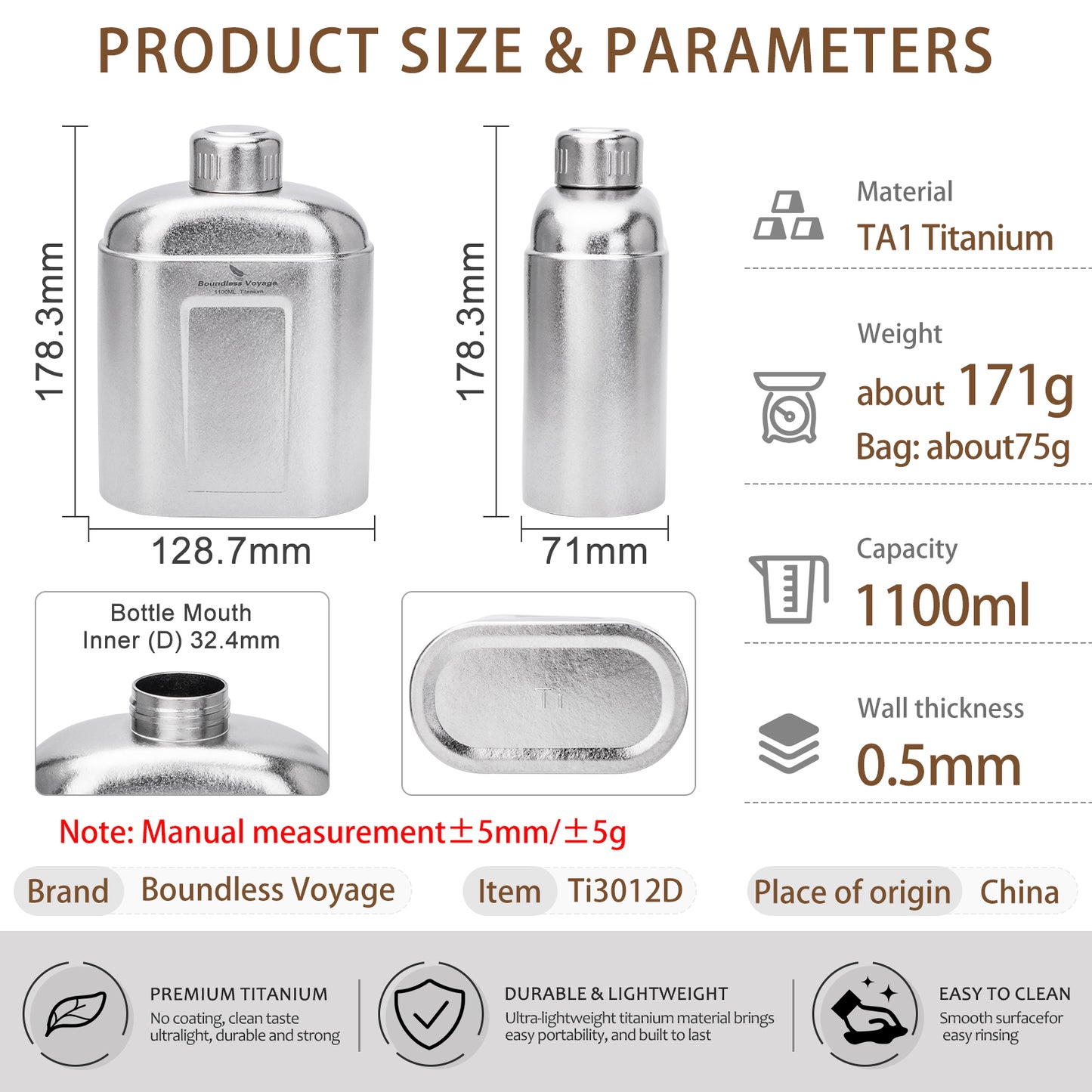 Boundless Voyage 1100ml TA1 Titanium Water Bottle – Single Wall Open-Fire Canteen with Leakproof Lid & Carry Sleeve for Camping & Outdoor Survival