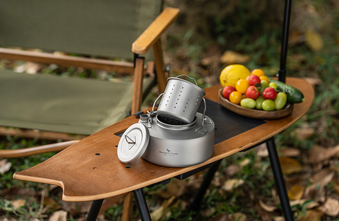 Boundless Voyage 700ml Titanium Kettle with Strainer – Ultralight Camping Pot with Folding Handle for Open Fire & Bushcraft