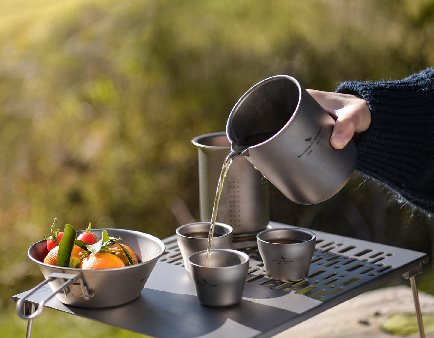 Boundless Voyage 400ml Titanium Double-Layer Tea Maker Set | 168g Insulated Teapot with 45ml Anti-Scald Cups | Lightweight Double-Walled Travel Tea Set